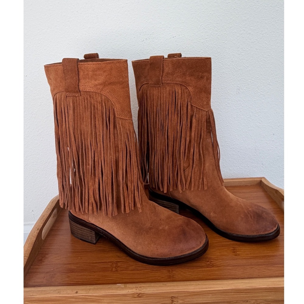 Lucky Brand Brown Suede Fringe Western Boots Womens 8M Cognac Boho Pull On - Picture 2 of 16